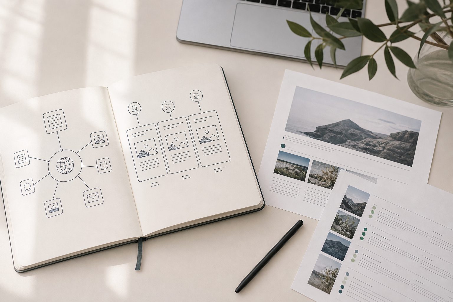 Plan editorial et schema d'architecture d'un site de contenu pose sur un bureau